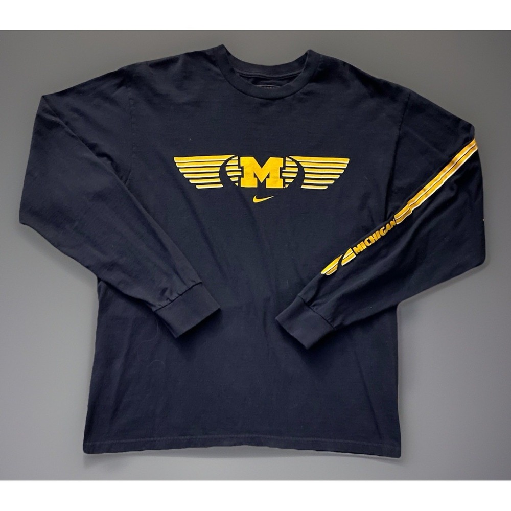 Michigan Wolverines Nike Long Sleeve T-shirt Blue Yellow Print Logo Medium JBHS